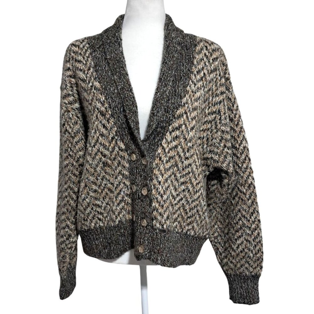 Vintage 80s LC Winters Chevron Knit Cardigan Sweater Sz L Wool Blend Preppy Cozy